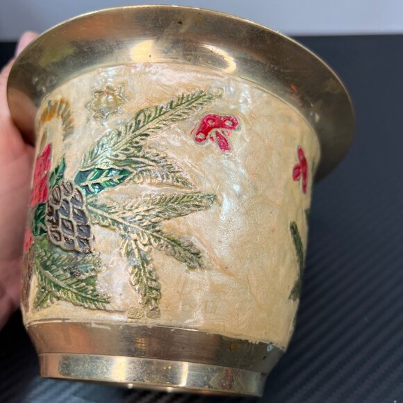 Vintage Brass Cloisonne Painted Christmas Bowl Wreath Candle Holly - Picture 8 of 11